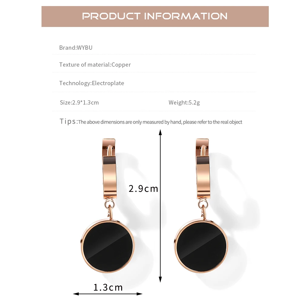 WYBU Titanium Steel Black Round Pendant Drop Earring For Women Rose Gold Plated Hoop Dangle Earring Earing Jewellery For Ear