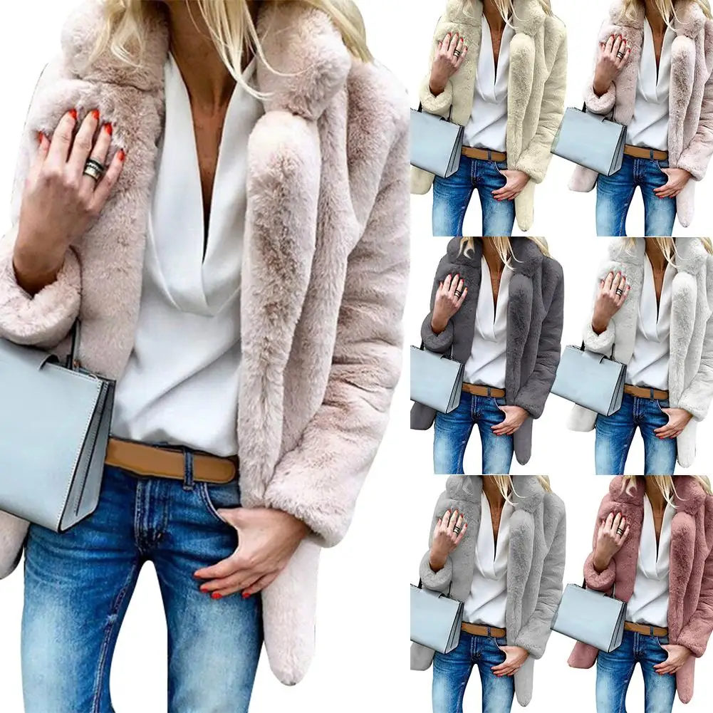 Зимнее однотонное плотное пальто из искусственного меха с лацканами, Свободная Женская теплая куртка, верхняя одежда, осеннее и зимнее пальто для женщин