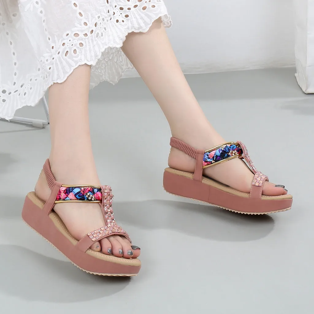 Zapatos de mujer женские сандалии с кристаллами для отдыха летние на высокой танкетке