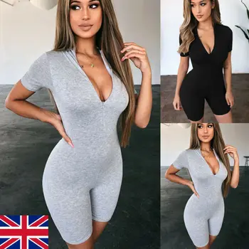 

2020 Women's Casual Zipper Romper Sportwear Ladies Short Sleeve Sexy Jumpsuit Stretch V Neck Leotard Body Tops Playsuit vestidos