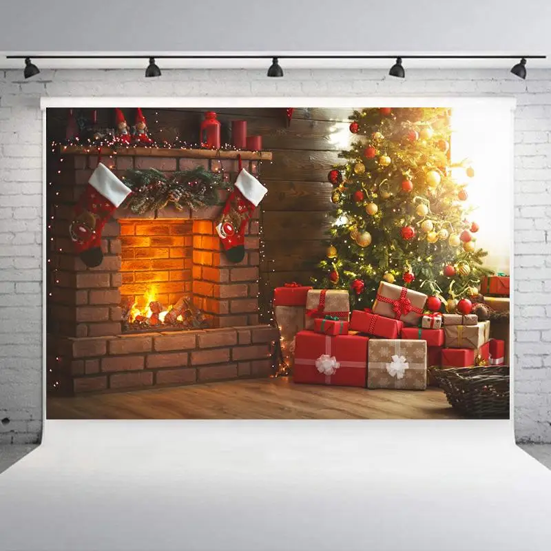 Christmas Style Photography Background Christmas Decoration Tree Retro Vintage Wooden Wall Fireplace Christmas Backdrops Prop - Color: SD 452