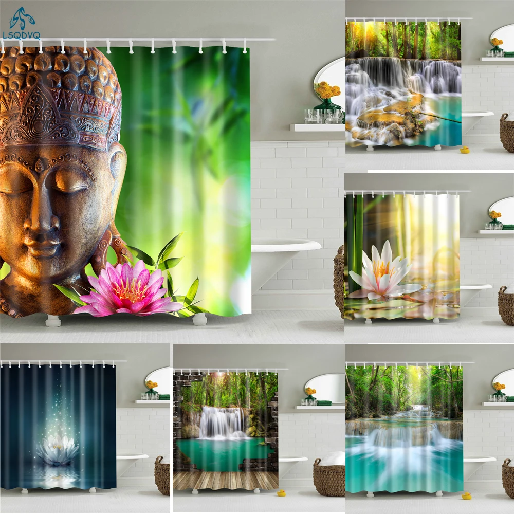 Rural Landscape Creek Stone Lotus Buddha Shower Curtain Bathroom Frabic Waterproof Polyester with Hooks | Дом и сад