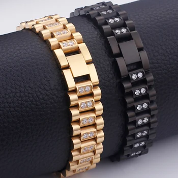 

Gold Black Color Stainless Steel Bracelet Male 16MM Mens Watch Strap Bracelets Bangles For Men Hand Jewelry Accessories With CZ