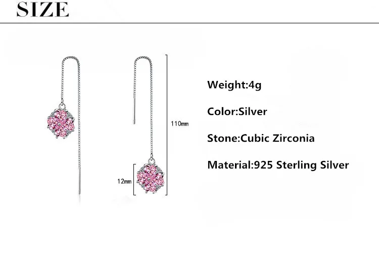 925 пробы, серебряные, милые, розовые, с цветком, блестящие, CZ Циркон, женские длинные серьги-гвоздики с кисточками, ювелирные изделия для женщин, рождественский подарок для девушек