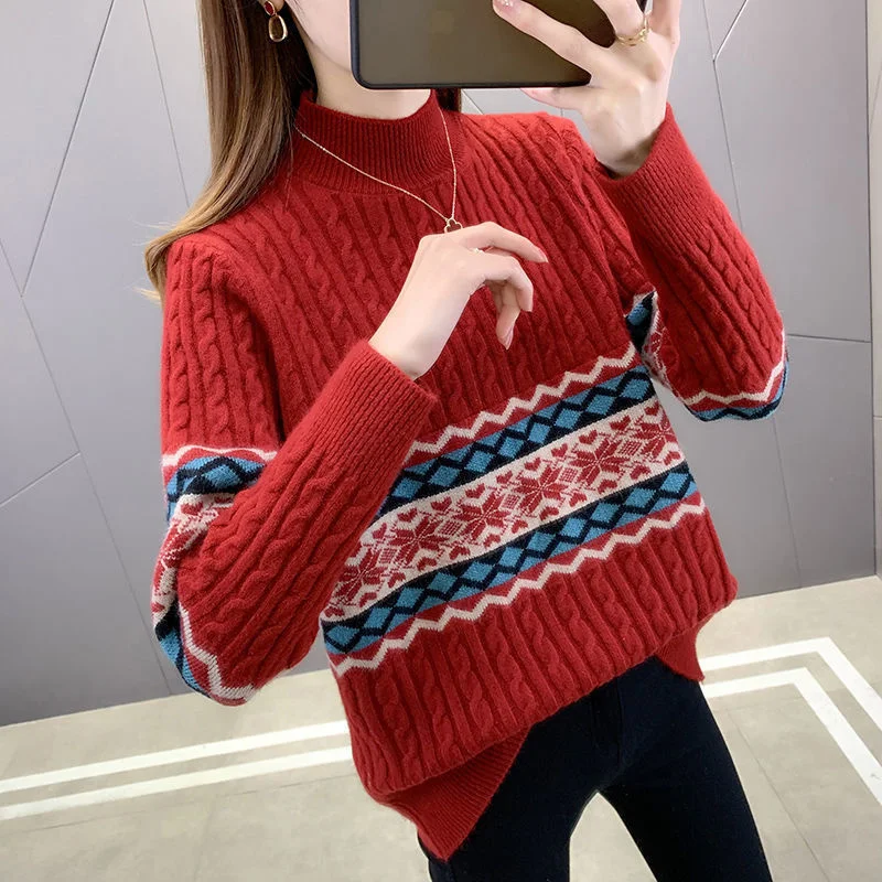 

Autumn Winter Sweater Women Half High Collar 2023 New Korean Loose Sweater Long Sleeve Pullover Twist Knitting Bottom Jumper
