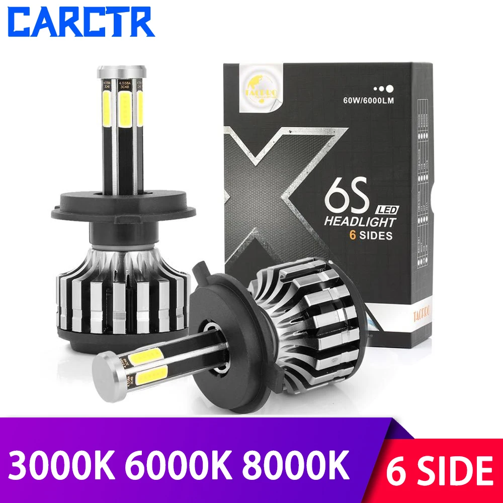 Автомобильная светодиодная фара CARCTR с 6 сторон H4 H7 H8/9/11 9005/6/4/7 9012 H13 H1 H3 три цвета 60