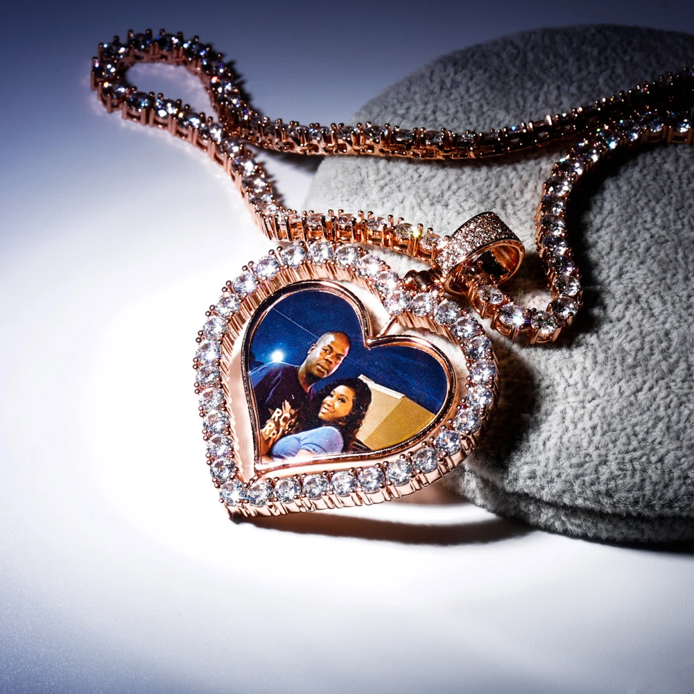 TOPGRILLZ Heart Shaped Custom Photo Spin Double Sided Medallion Pendant Necklace With 4mm Tennis Chain Zircon Hip Hop Jewelry