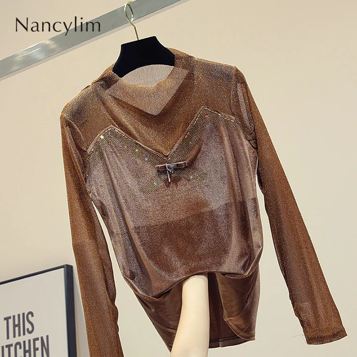 

New Korean Hot Drilling Spliced Long Sleeve Shirt Women Autumn Temperament Pull Blusas Female Ladies Turtleneck All-match Top