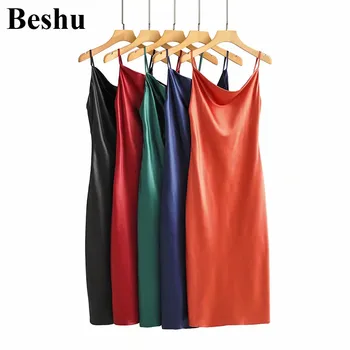 

za 2020 fashion midi sling dress women 5-colors satin sleeveless simple slim sling dress female solid color back zipper mujer