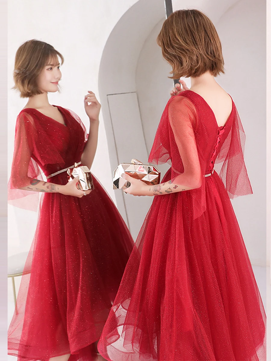 Prom Gown New Chiffon Tiered Robe De Soiree V-neck Short Sleeve Prom Elegant Dresses Red Lace Up Shining Prom Dress E133