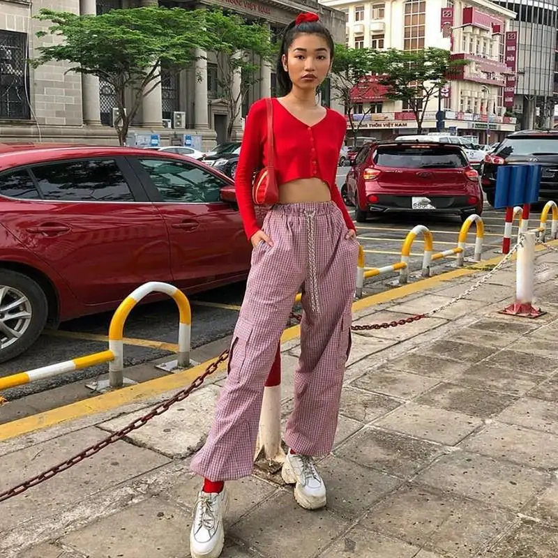 

Nice Casual Striped Patchwork Cargo Pants Women High Waist Full Length Pants Loose Bunch Legs Trousers