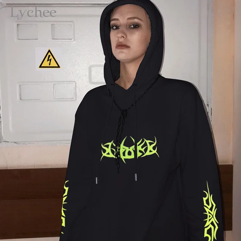 Lychee Harajuku флуоресцентный зеленый принт женский свитер свободный вырез лодочкой женский спортивный костюм осень черный женский однотонный пуловеры