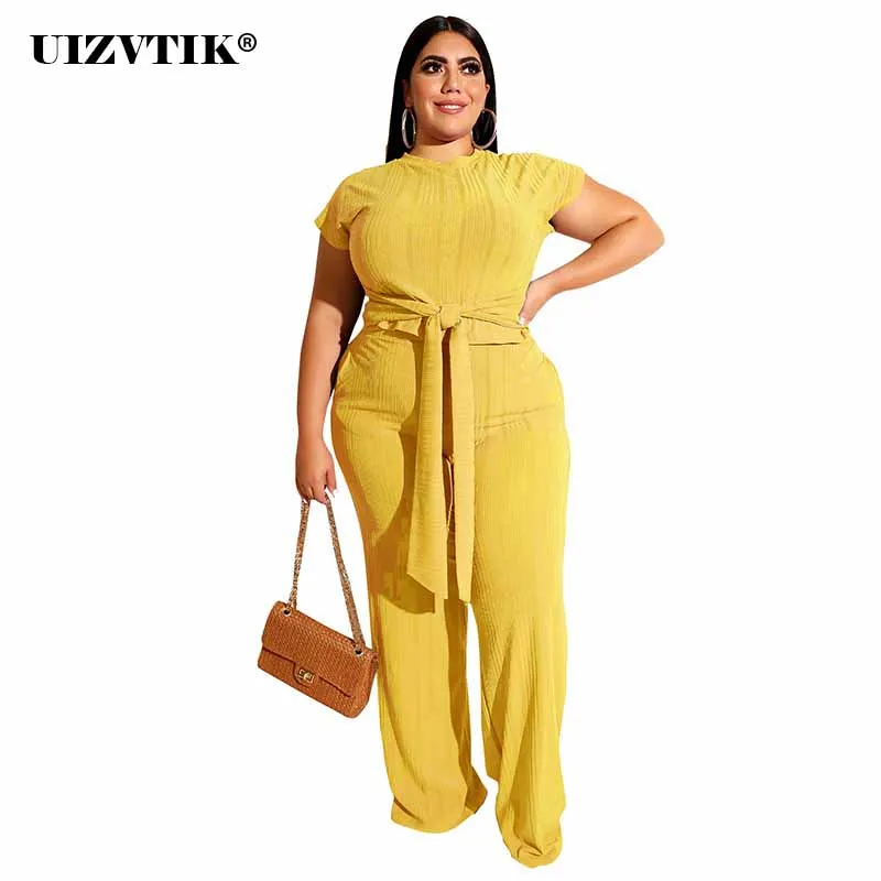 

Summer Two Piece Set Women 2020 Casual Bandage Tracksuit Plus Size Slim Crop Top Loose Trousers Sets Oversize Clothes For Women
