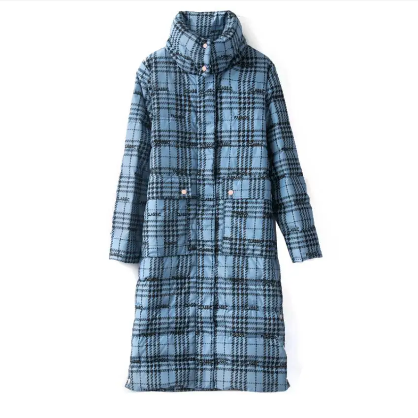Теплое пушистое теплое пальто на гусином пуху, зимнее дизайнерское длинное клетчатое пальто на гусином пуху, женские пуховики, теплые парки F583 - Цвет: blue  plaid