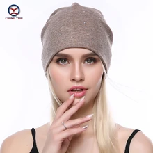 CHINGYUN, Женская кашемировая вязаная шапка, новинка, мягкая, осень, зима, теплые, Маленькие стразы, высокое качество, женская, одноцветная, вязаная шапка, C19-15