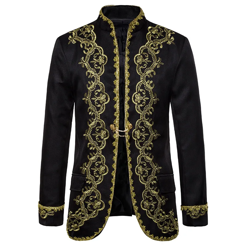 

British Style Palace Prince Black Embroidery Blazer Men Wedding Groom Suit Blazer Jacket Men Stage Singers Coat Blazer Masculino