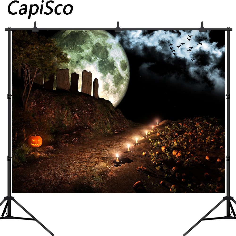 

Capisco Halloween Photography Background candle tombstone Pumpkin Lamps Night Moon Backdrop Children Photo Portrait Shoot