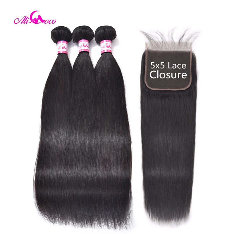 Ali Coco Brazilian Straight Hair With Closure 5x5 Lace 3 Bundles Weave Non Remy Human | Шиньоны и парики