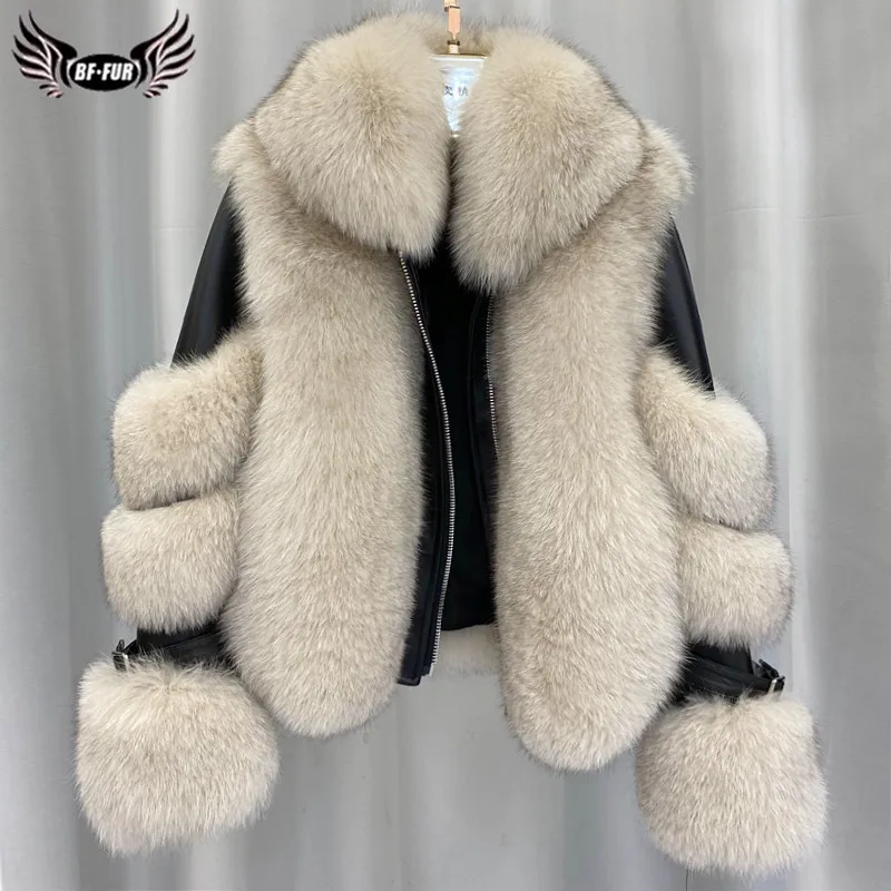 

BFFUR 2020 Winter Fashion Women Real Fox Fur Coat Genuine Sheepskin Leather Jacket Natural Fox Fur Coats with Detachable Collar