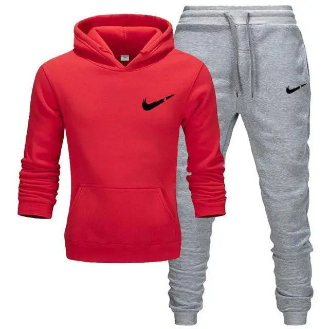 red and grey-H Спортивный костюм для мужчин, 2 комплекта, новая модная куртка, Мужская Спортивная Толстовка, Весенняя и осенняя брендовая мужская толстовка с капюшоном, спортивные штаны - Цвет: red and grey-H