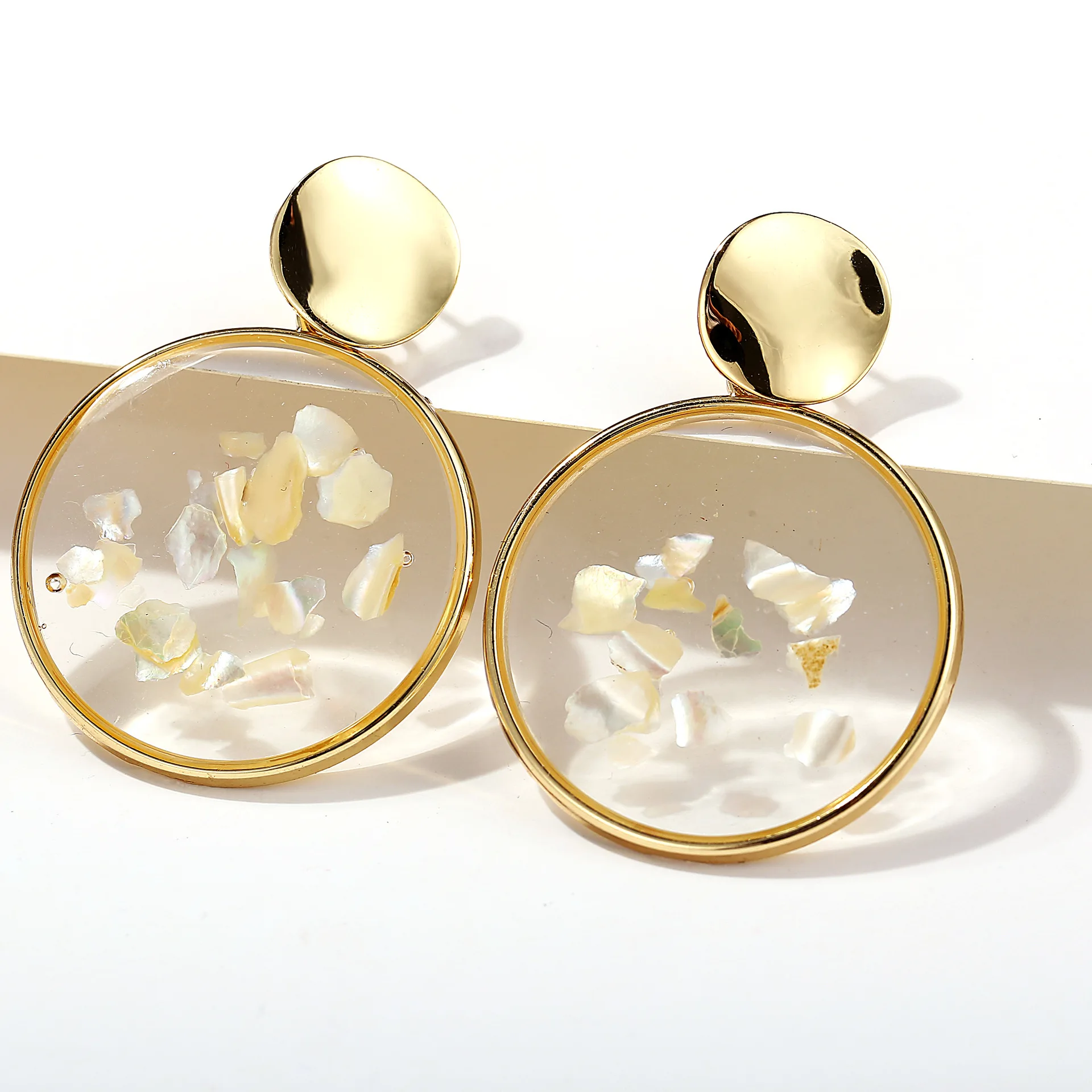 

Creative Geometry Gravel Shell Round Earring Gold Alloy Circular Dangle Earrings for Women Vintage Long Big Dangle Party Jewelry