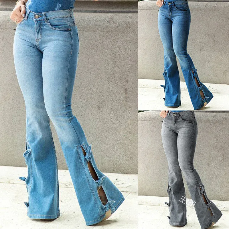 Huapate cross-border exclusive new explosion denim speaker pants fashion design side knotted flared pants