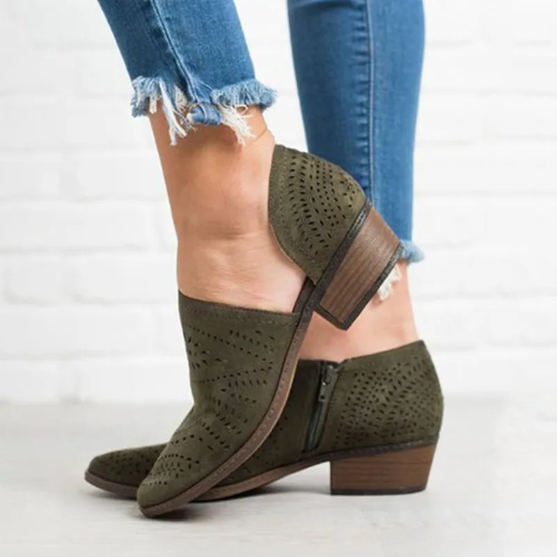 Houlife Fashion Spring Autumn Block PU Leather Colorful Women Boots Low Heel Hollow Out Ankle Boots Casual Ladies Shoes, 1Pair