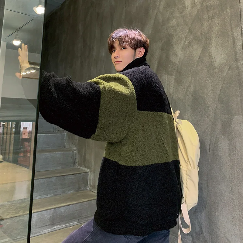 Winter Thick Lamb Lamb Hoodie Men's Fashion Contrast Color Casual Hoodies Man Streetwear Wild Hip Hop Loose Sweatshirt Male