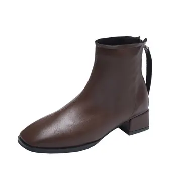 

Fashion Boot Lady Shoes Autumn Korean New Low-heel Square Toe Martin Boots Rear Zipper Thick Heel Fashionable Stretch Thin Boots