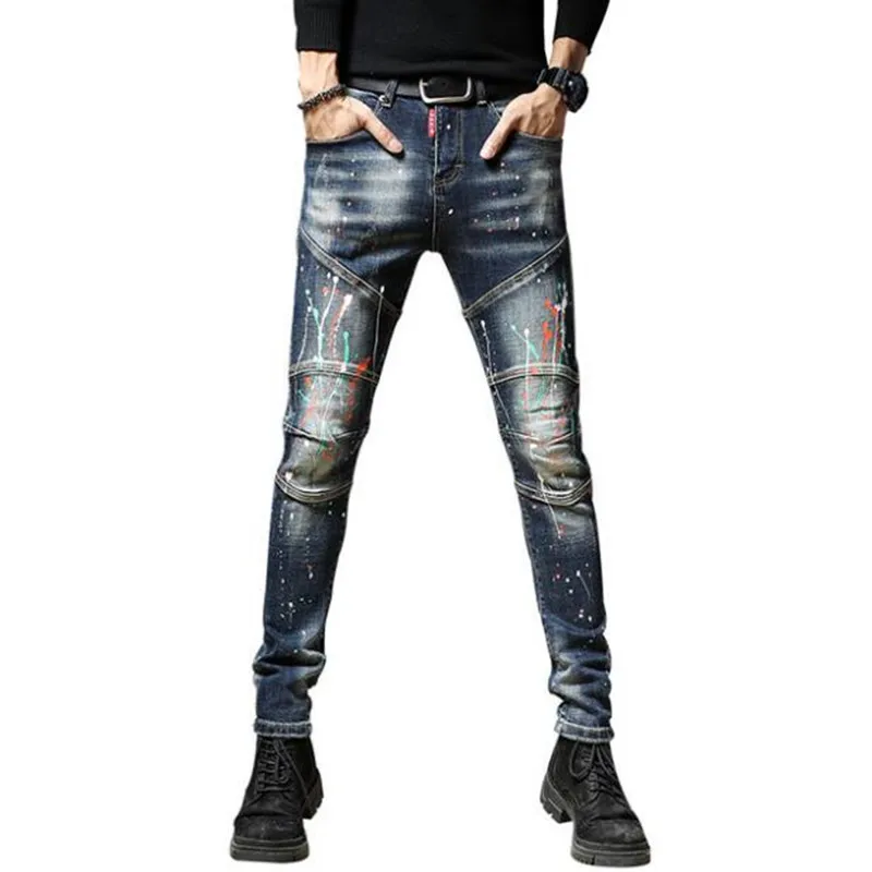

Streetwear Fashion Men Jeans Retro Dark Blue Spliced Designer Biker Jeans Homme Elastic Painted Hip Hop Pencil Pants