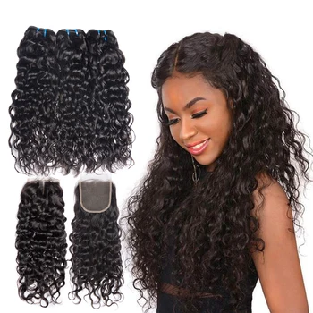 

3/4 Brazilian Hair Water Weave Bundles With Closure 100% Remy Hair Extension 30inch Human Hair Bundles With 4x4 Lace Closure