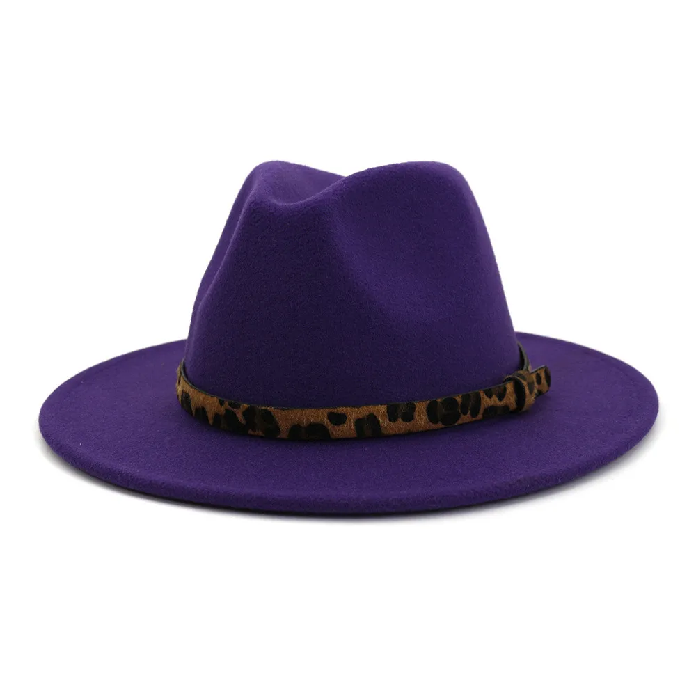 Фиолетовый Новинка, модные шляпы, топ, джаз, шляпа, Fedoras Chapeau, для мужчин и женщин, Ретро стиль, леопард, широкая шляпа с пряжкой на ремне, регулируемые шляпы - Цвет: Фиолетовый