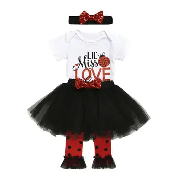 

Baby Valentine's Day Clothes 4PCS Kids Baby Girl Bodysuits Tops+Bow Tulle Tutu Skirt+Headband+Leg Warmers Children Cute Clothes