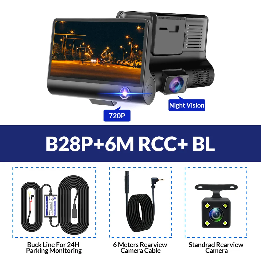 E-ACE, Автомобильный видеорегистратор, 3 объектива камеры, 4,0 дюймов, видеорегистратор, видеорегистратор, авто регистратор, двойной объектив с камерой заднего вида, видеорегистратор - Название цвета: B28P-6M RCC-BL