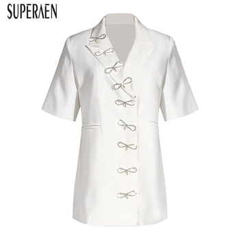 

SuperAen Europe Fashion Women Suit Jackets 2020 Summer Solid Color Ladies Jackets Bow Slim Short-Sleeve Women Clothing