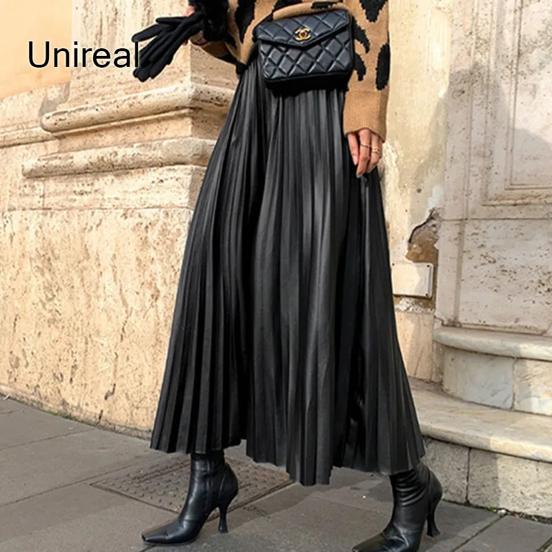 

Unireal 2022 Winter Women Long Pleated Skirt High Waist Thick Chic Black Streetwear Female Pu Leather Black Maxi Skirt