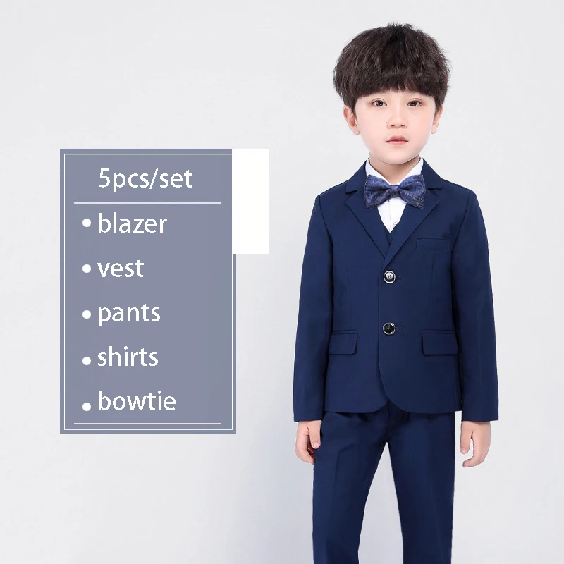 Комплект из 5 предметов для мальчиков с цветочным узором и бархатным платьем, Детский костюм для свадебной вечеринки детский Блейзер, жилет, рубашка, штаны, одежда с галстуком-бабочкой - Цвет: navy 5pcs