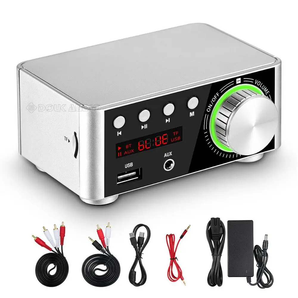 Douk аудио мини TPA3116 усилитель мощности Bluetooth 5,0 приемник стерео домашний аудиоусилитель для автомобиля USB u-диск музыкальный плеер - Цвет: Silver With adapter