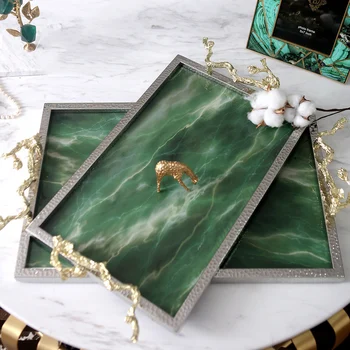 

Creative Rectangular Green Agate Stone Texture Tray Luxury Decor Ornament Living Room Marble Table Storage Trays Serving Tray