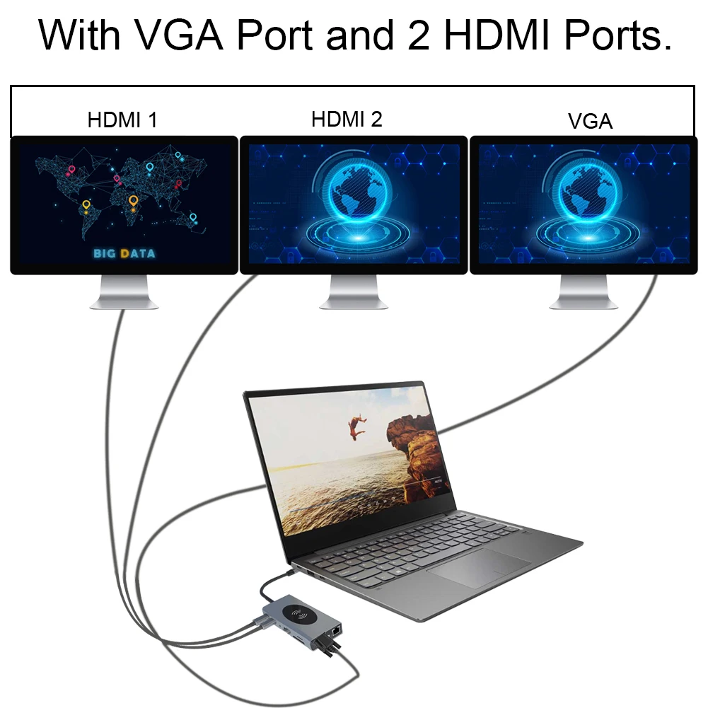 USB Type C к 3 0 VGA RJ45 HDMI * 2 PD Audio3.5 TF 10 вт беспроводное зарядное устройство концентратор