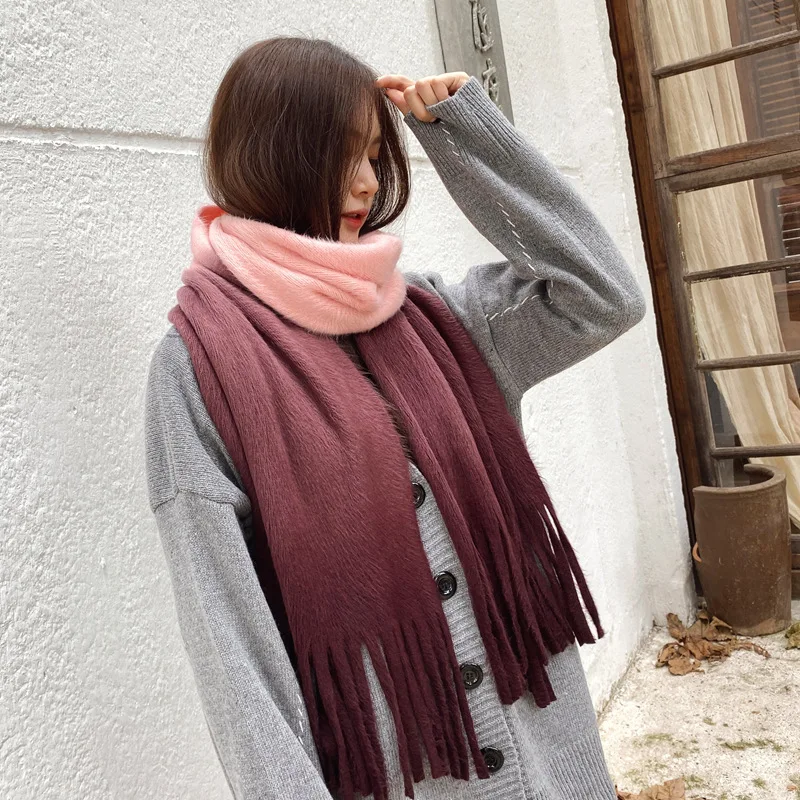 Женский зимний длинный шарф с градиентным цветным кашемировым шарфом, теплые женские модные шарфы, шали, женские хиджабы, длинные шарфы