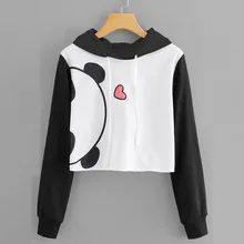 Женская толстовка с капюшоном, укороченный пуловер, топы для девушек, панда, животный принт, длинный рукав, топы с круглым вырезом, для женщин, Harajuku