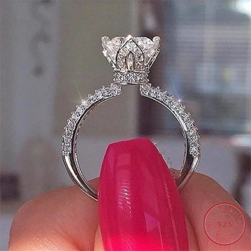 Корона Обручальное кольцо из чистого стерлингового серебра 925 пробы круглое сечение белый прозрачный AAAAA кубический циркон вечерние женские обручальные кольца подарок