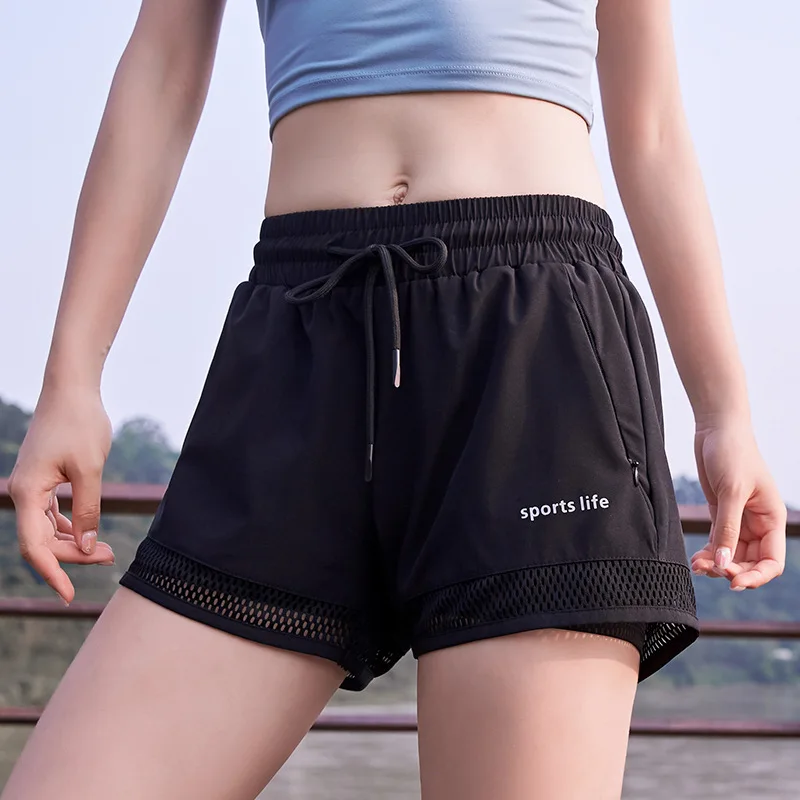 Новая модная детская одежда, 2 в 1 шорты для бега для женщины шорты для йоги Тренажерный зал для обучения фитнесу Спортивная тренировочная женские Спортивные шорты с карманом на молнии