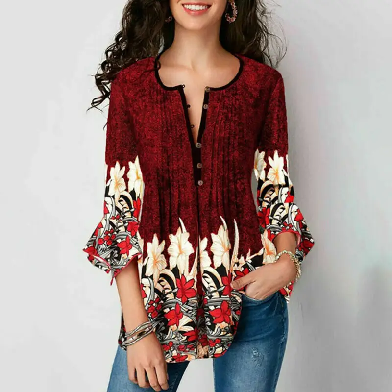 Autumn Elegant Women Ladies Boho Floral Loose Top Shirt 3/4 Sleeve Plus Size Tunic Blouse S-2XL tunic tops s-2xl size