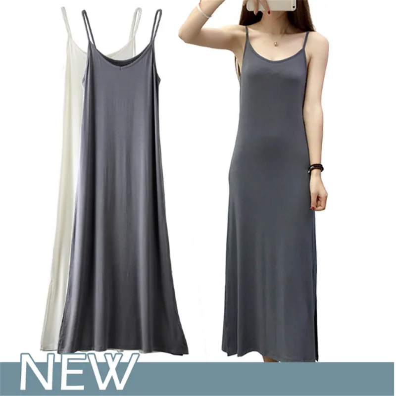 

L-XXL Modal New Summer Spaghetti Strap Dress Women Casual V Neck Sleeveless Camisole Long Dress Slim A-Line Split Dresses AD0831