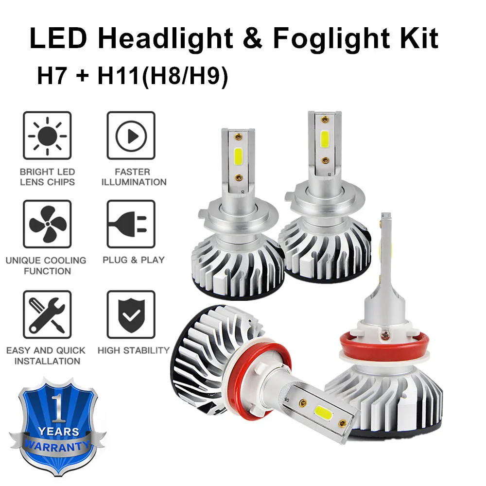 Автомобильный светодиодный H7 H11/H8/H9 фар и противотуманная фара 6500K 12 V-24 V светодиодный фары для h7 h11 h8 h9 супер-лампы белого цвета, 1 комплект