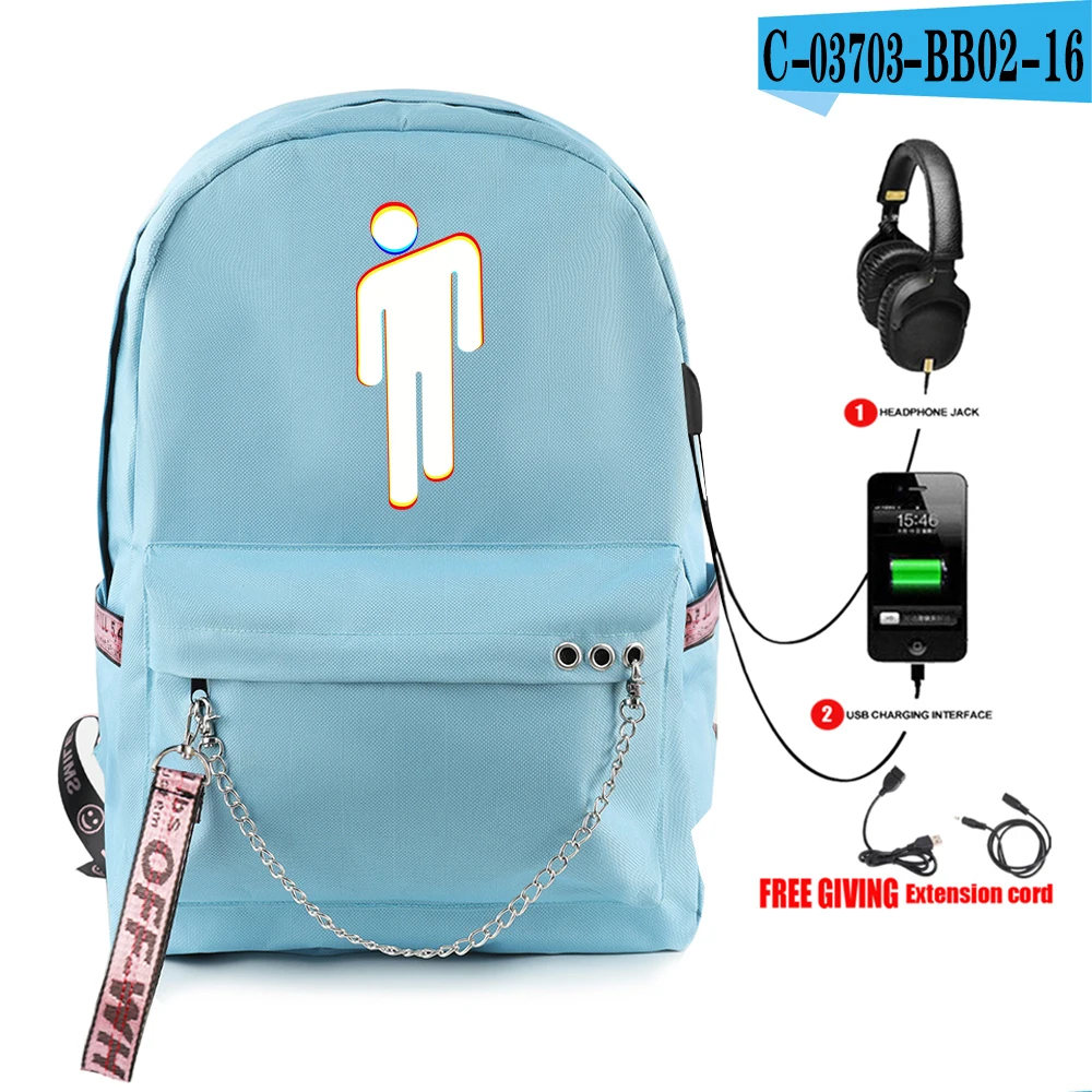 Billie Eilish print New vogue Backpack Teenager Boy/girl School Bags Waterproof Oxford USB Charger Women/Men Backpack School Bag - Цвет: picture color