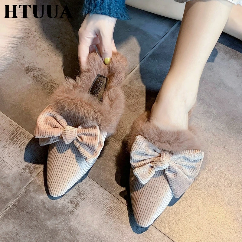 HTUUA/пушистые тапочки с натуральным кроличьим мехом; женские сабо; сезон осень-зима; меховые шлепанцы с бантом; женские лоферы без застежки; SX3462