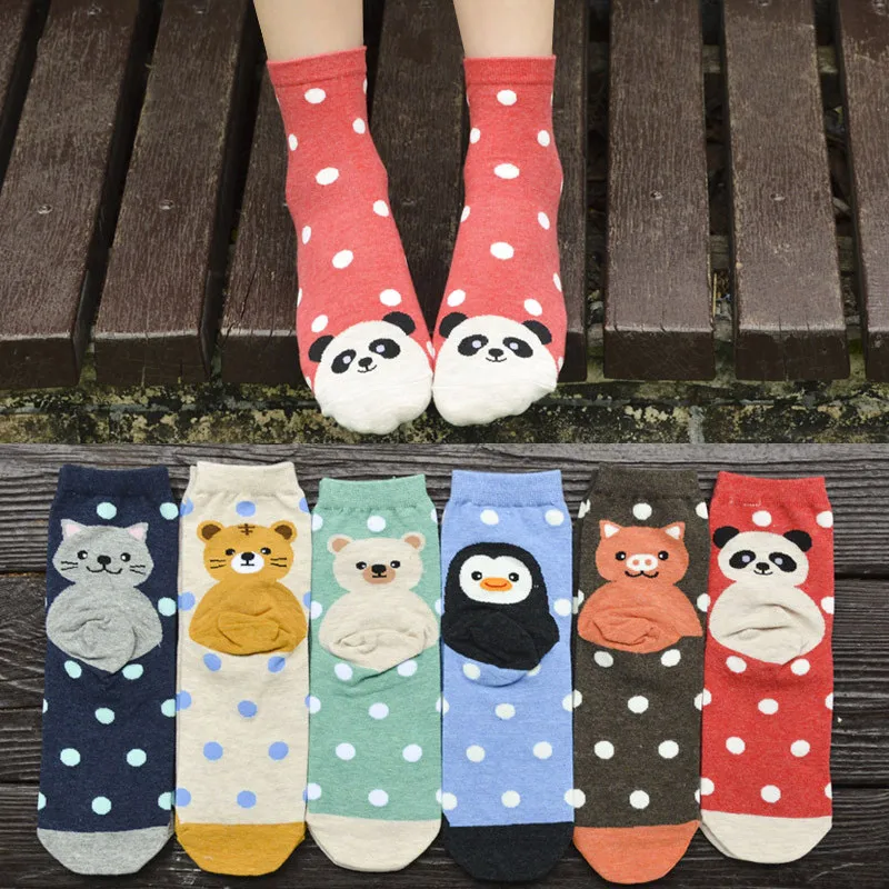 Женские хлопковые носки, милые короткие носки до лодыжки с рисунком кота, пингвина, панды, свинки, Ленивца, повседневные носки в горошек с животными для девочек, европейские размеры 33-39
